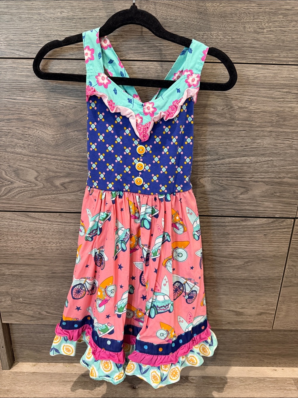 Girl's Floral and Beach Vehicle Print Sleeveless Dress in Pink, Navy & Aqua with